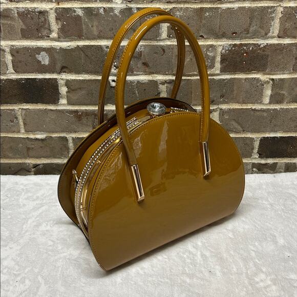 La Terre Fashion Handbags - La Terre Fashion Vegan Leather Equestrian Brown Circular Bag Purse Diamond NWT